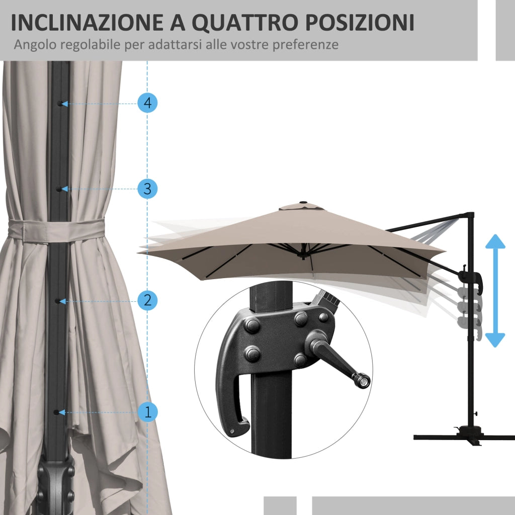 Ombrellone da Giardino Decentrato 3x3 m 8 Stecche Pedale e Manovella in Alluminio e Poliestere Cachi