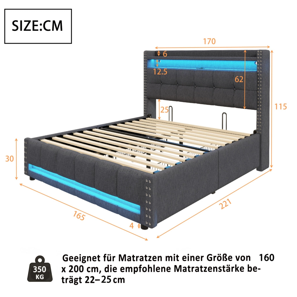 Letto matrimoniale imbottito 160x200 cm grigio con LED; USB; ripiani e 4 cassetti