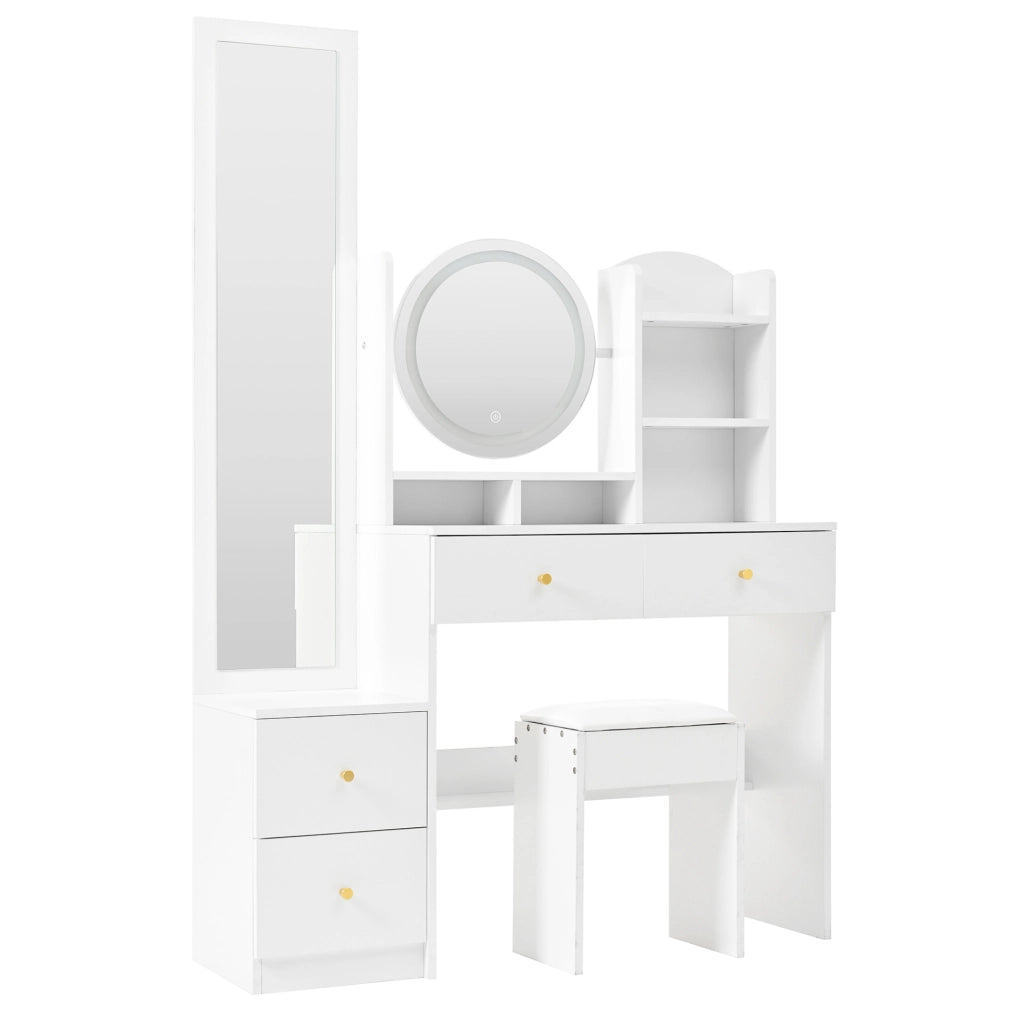 Toeletta 4 in 1 con specchio LED; specchio girevole; 4 cassetti e sgabello; bianca