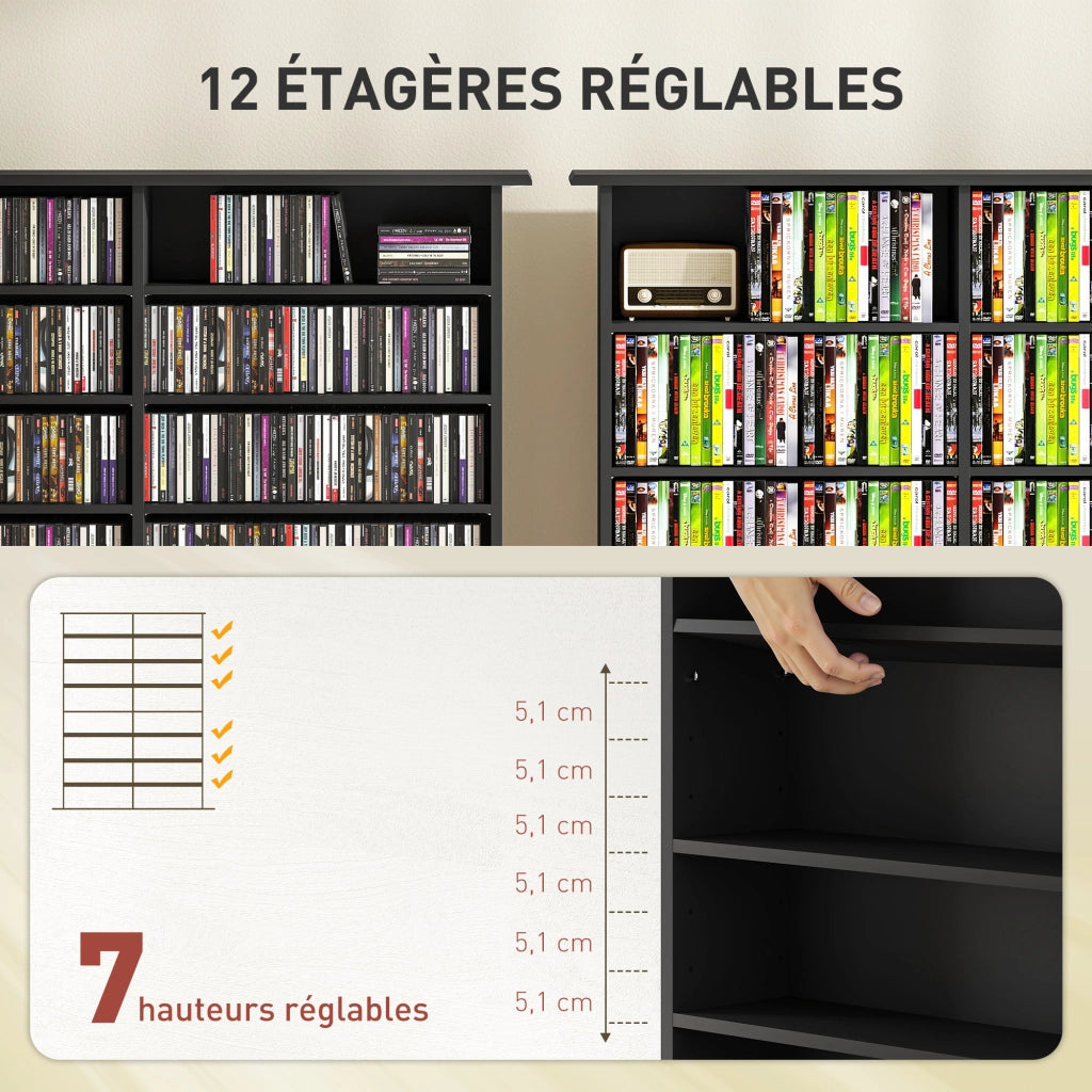 Libreria per CD e DVD ¨C Minimal ¨C 16 scomparti, 12 ripiani regolabili, nero