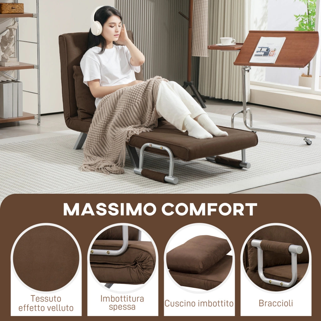 Poltrona Letto Moderna 2 in 1 con Schienale Reclinabile e Cuscino ¨C Minimal ¨C 65x69x80cm, Marrone