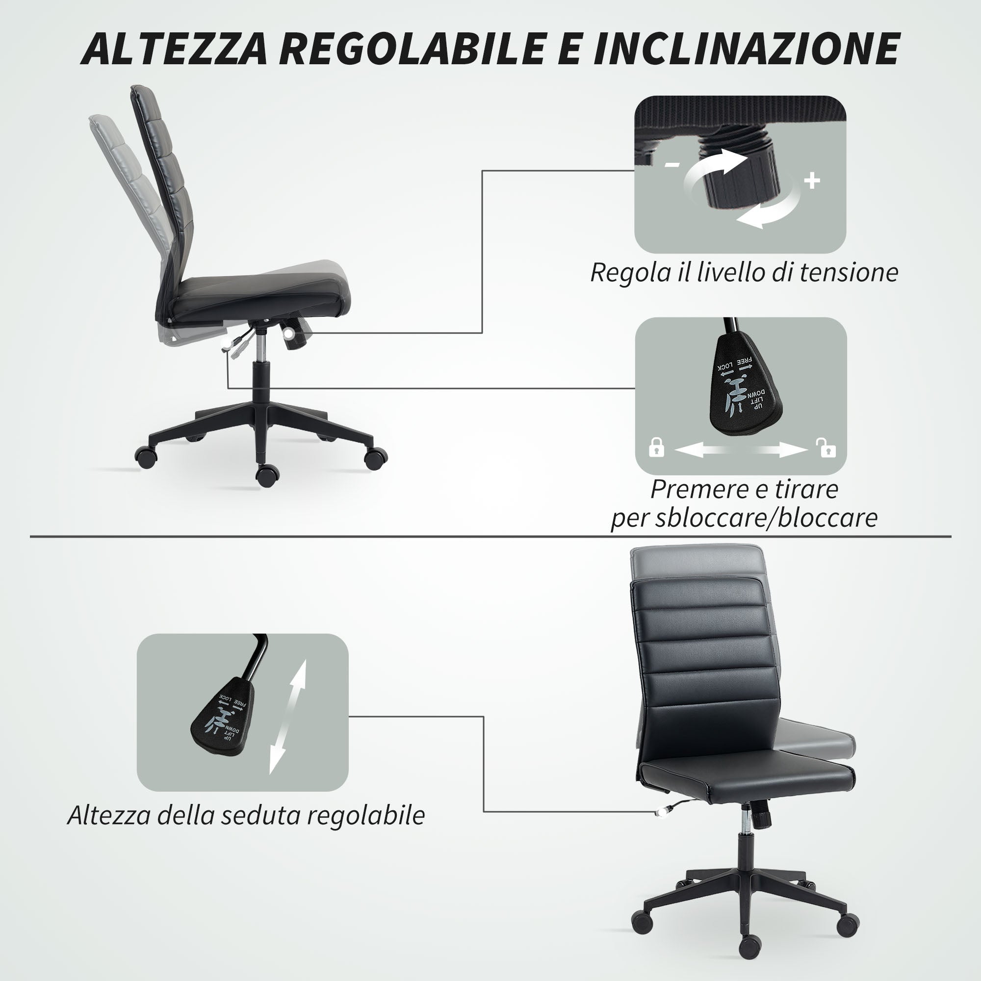 Sedia da Ufficio Ergonomica e Regolabile 58x53x97-107 cm con Schienale Ricurvo in Pelle PU e Acciaio Nero