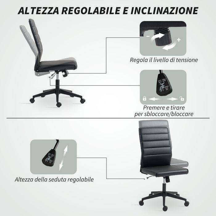 Sedia da Ufficio Ergonomica e Regolabile 58x53x97-107 cm con Schienale Ricurvo in Pelle PU e Acciaio Nero