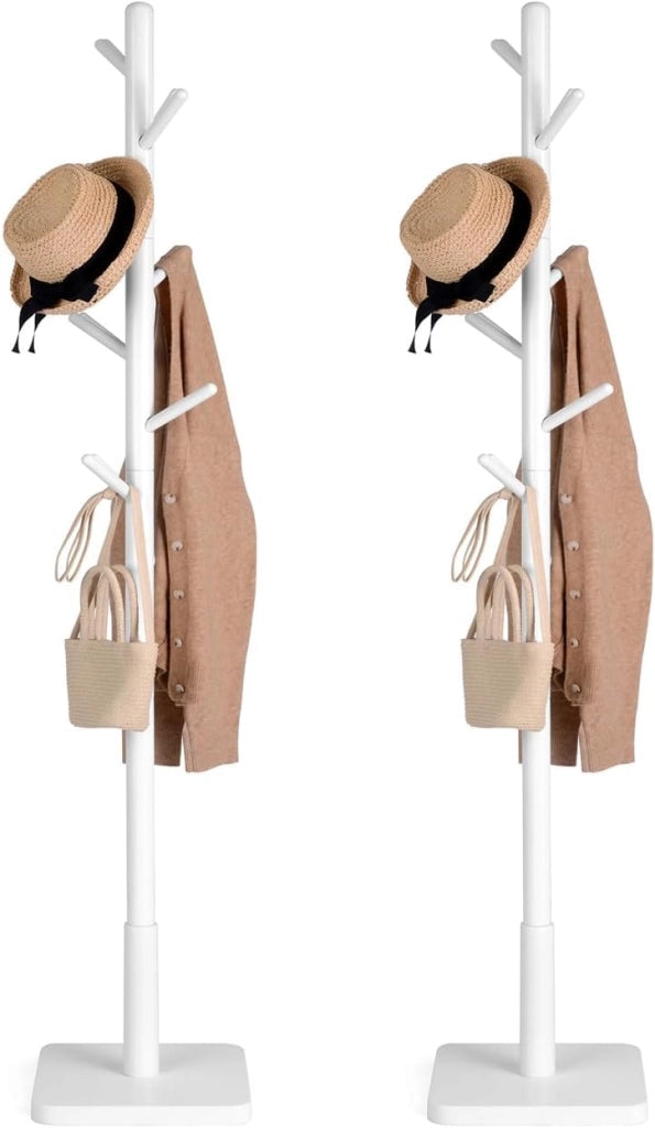 VASAGLE Attaccapanni, Set da 2, Appendiabiti da Terra in Legno, 8 Ganci, per Cappotti Cappelli Borse, per Ingresso, Ganci e Palo in Legno di Gomma, Bianco Nuvola RCR210W02