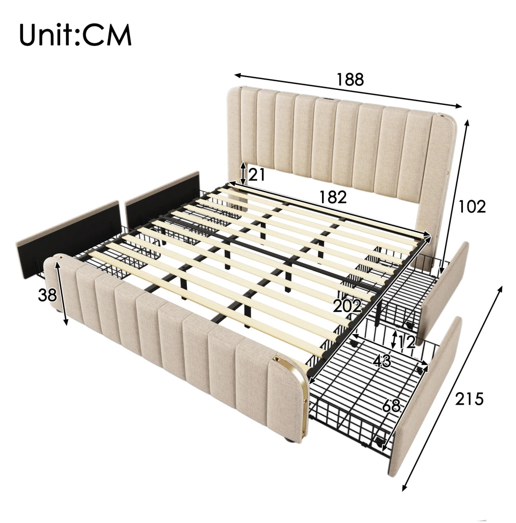 Letto imbottito 180x200 cm in lino beige con 4 cassetti; USB e Type-C