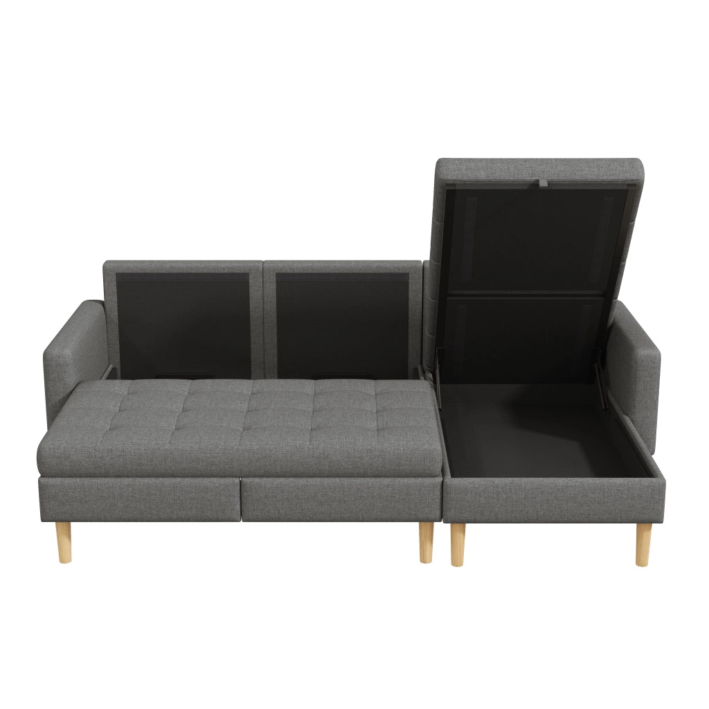 Divano angolare reversibile 3 posti con contenitore e chaise longue intercambiabile in tessuto grigio
