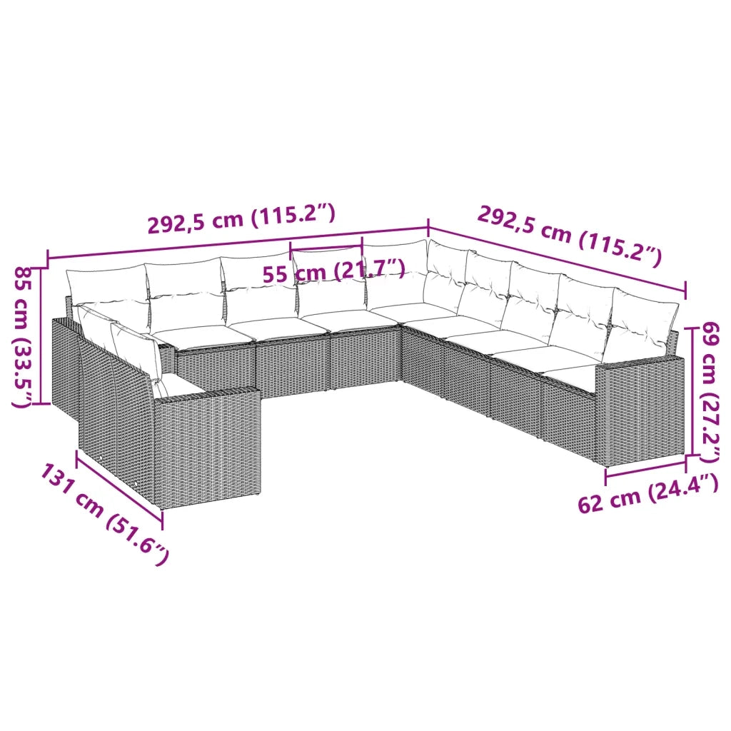 Set Divani da Giardino 11 pz con Cuscini Polyrattan Marrone
