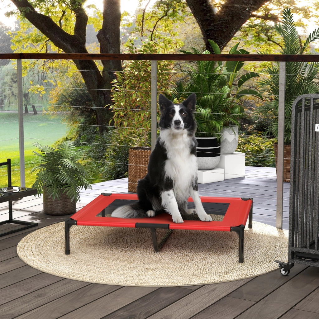 Carrello pieghevole letto rialzato per cani con telaio in metallo e tessuto oxford rosso 92 × 76 × 18 cm
