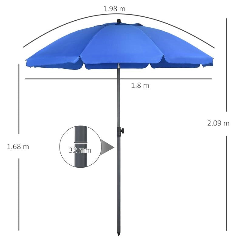 OMBRELLONE DA SPIAGGIA 1.8X2 M CON RECLINAZIONE A 45 E 8 STECCHE POLIESTERE E ACCIAIO BLU