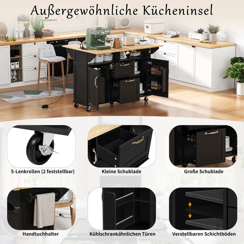 Carrello da cucina con 2 ante; 2 cassetti; vani aperti; piano ribaltabile; prese e portaasciugamani; in MDF; 120 x 40-60-80 x 92 cm; nero e naturale