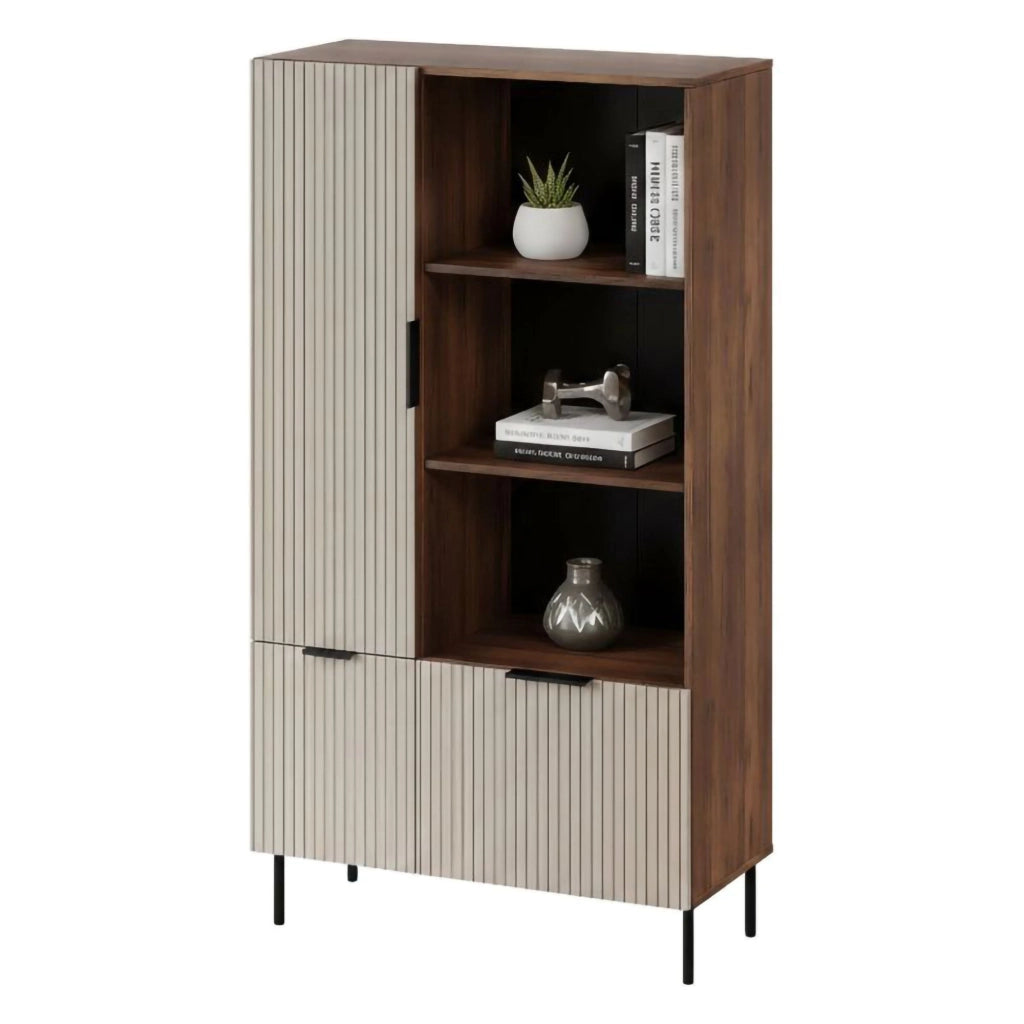 Libreria Mazze, Mobile portalibri con vani aperti e tre ante, Design moderno e minimale, 165x42 h90 cm, Noce e Beige