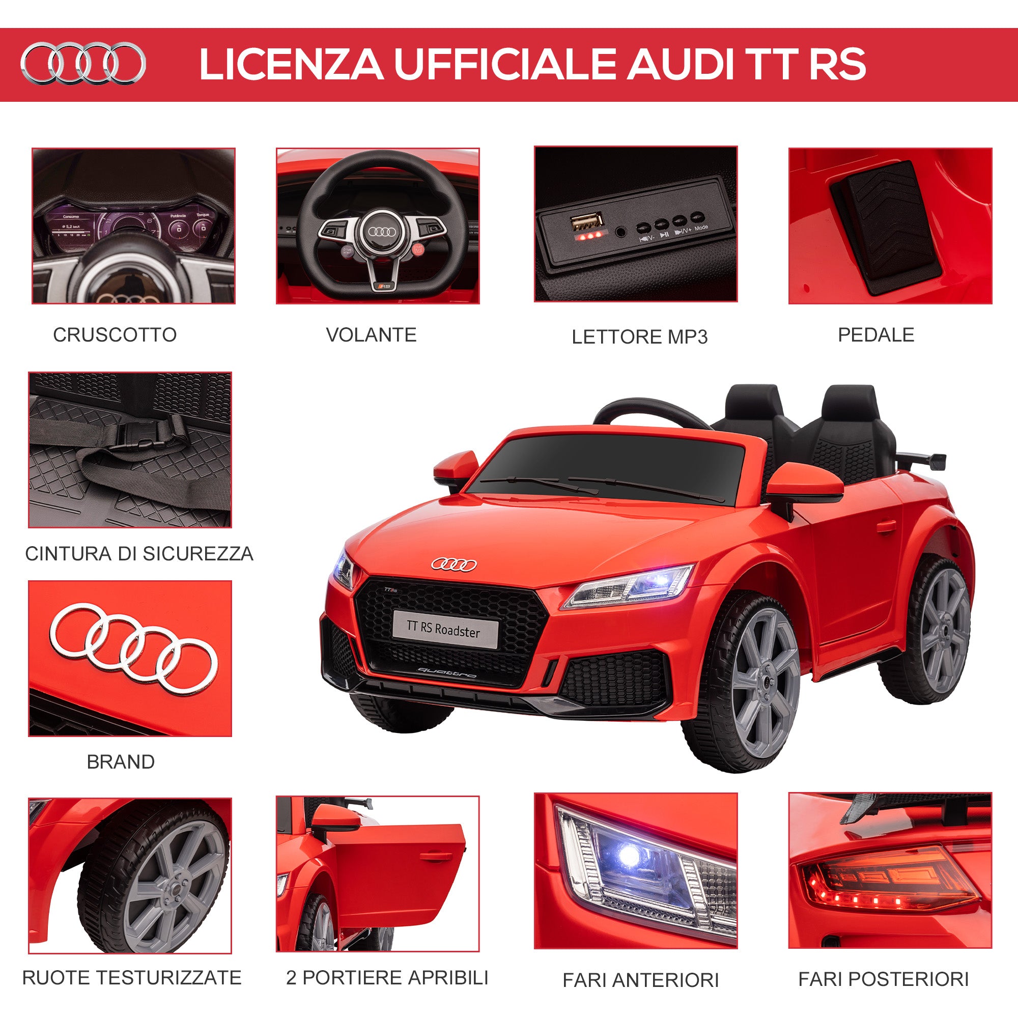 Macchina Elettrica per Bambini Licenza Audi TT con Telecomando e Fari LED Rosso