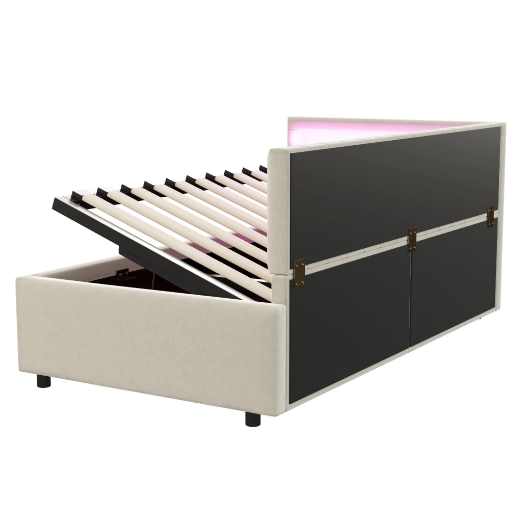 Letti contenitori 90x200 cm con LED e contenitore idraulico; velluto beige (Senza materasso)