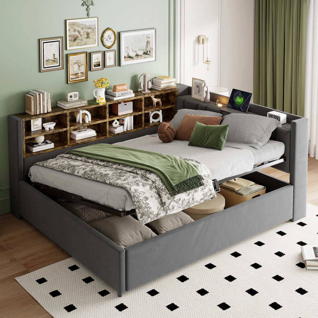 DESMIU Letto contenitore 140 × 200 cm 2 posti con luce LED, USB e Type-C, ripiani e vano idraulico, senza materasso, grigio