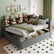 DESMIU Letto contenitore 140 × 200 cm 2 posti con luce LED, USB e Type-C, ripiani e vano idraulico, senza materasso, grigio