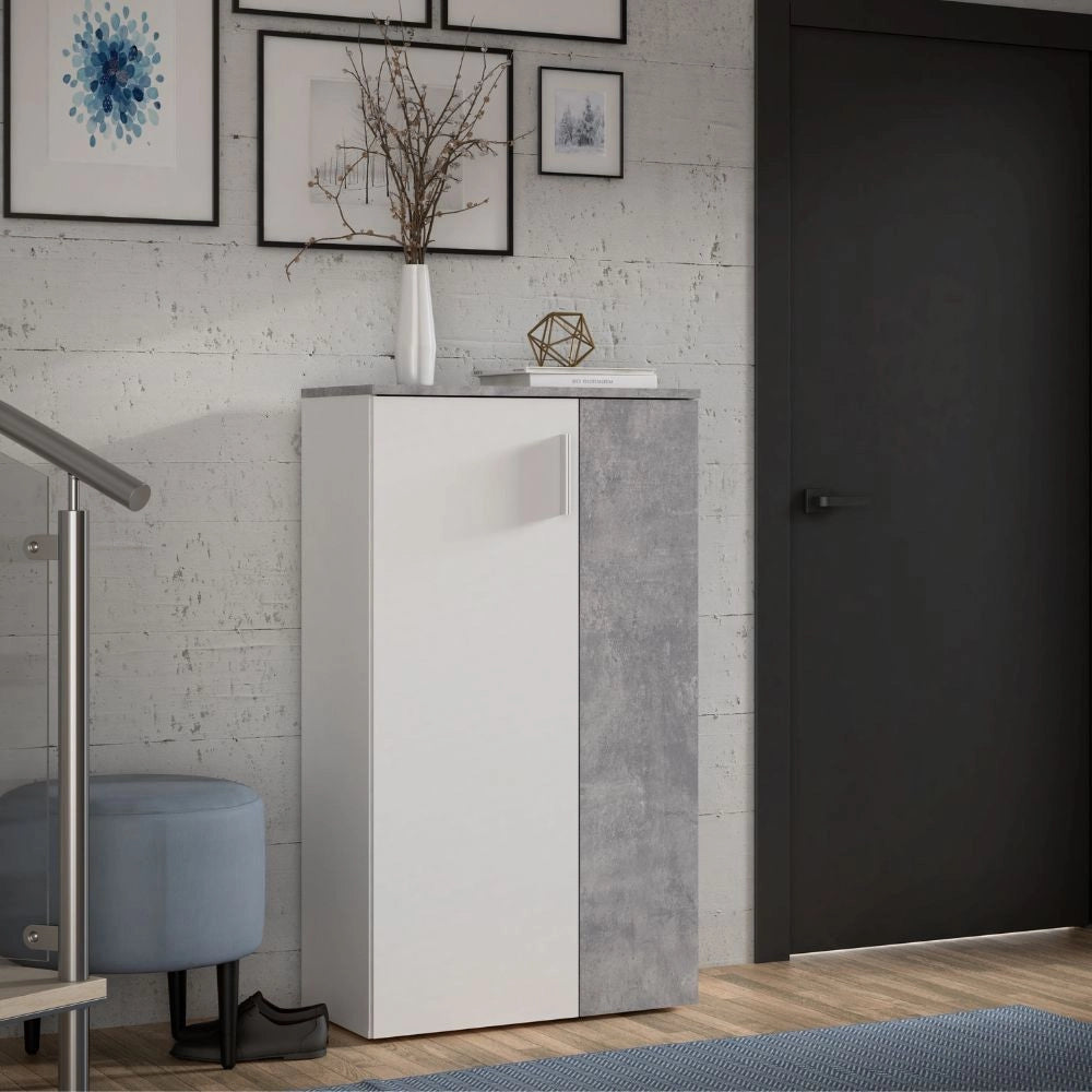 Mobile multiuso scarpiera 2 ante con 5 ripiani colore bianco e cemento Lucio 69x34x120H