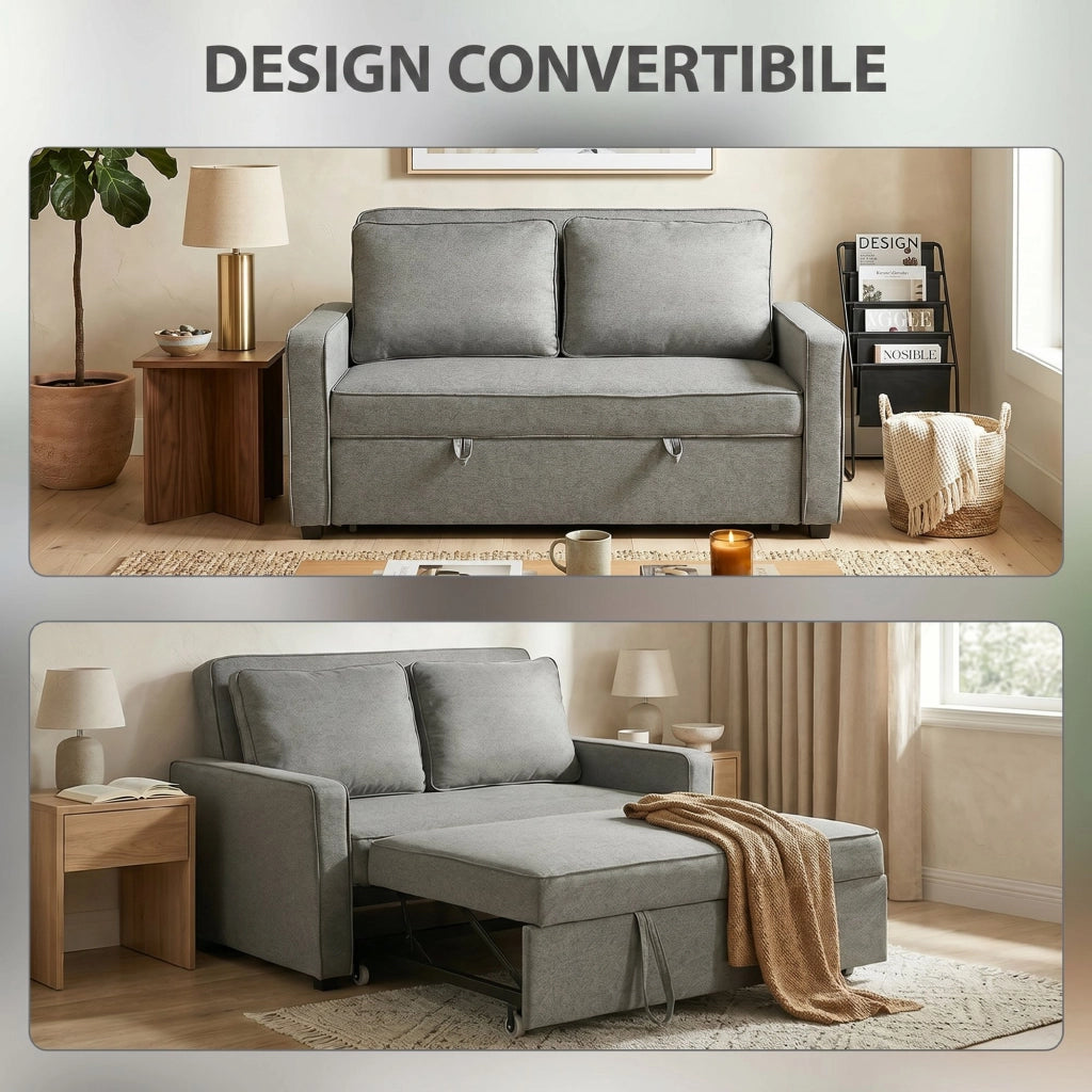 Divano Letto 2 Posti con Schienale Regolabile e Cuscini ¨C Zephmum ¨C Tessuto Grigio
