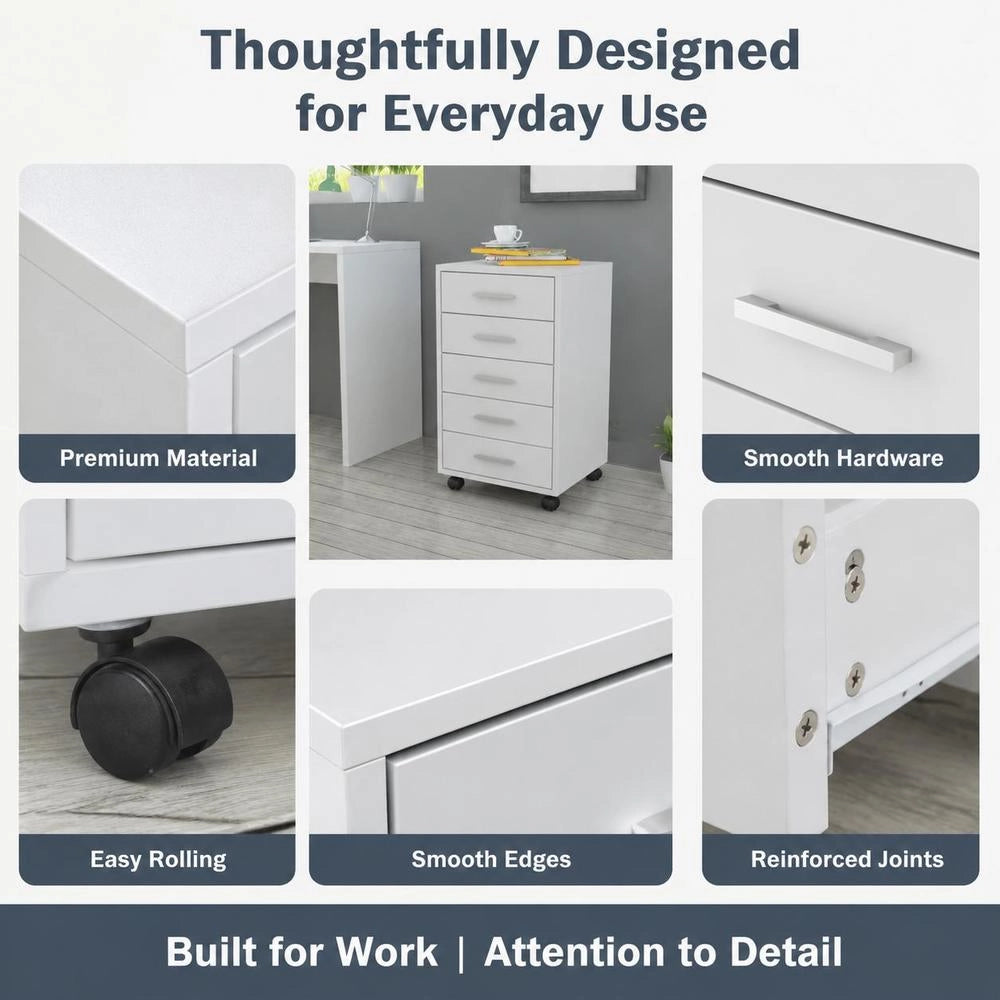 Office Drawer Cabinet On Casters, 5 Drawers, White