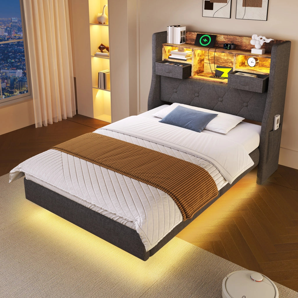 LETTO 90x200 cm con LED, testiera con ricarica USB/Type-C, lino grigio