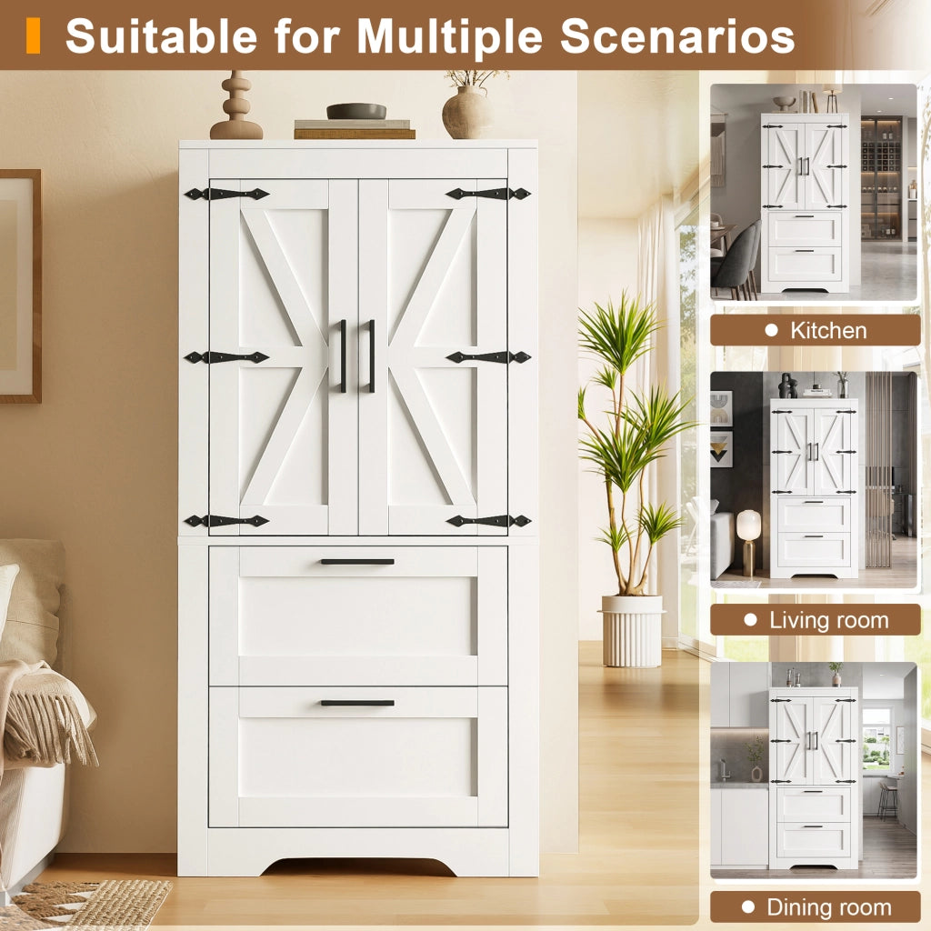 Mobile contenitore con 2 cassetti e ripiani regolabili, stile rustico, per cucina sala da pranzo e soggiorno, bianco