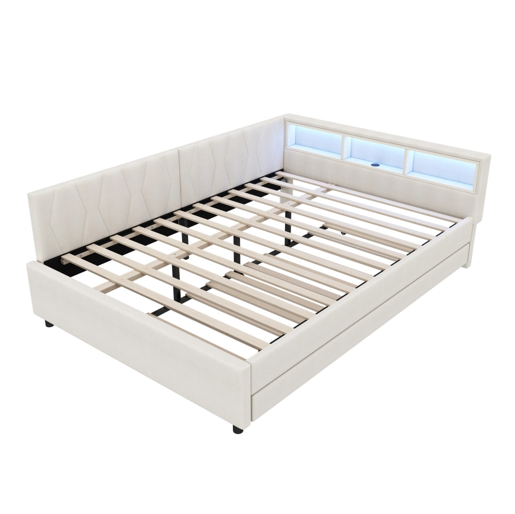 Letto 140x200 cm con LED; USB e vani portaoggetti in lino beige