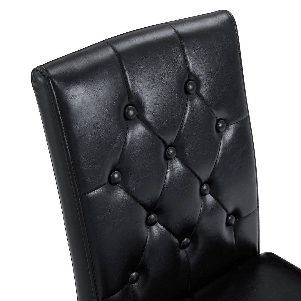 Set 4 sedie da pranzo nere in PU con schienale trapuntato; gambe in metallo argento lucido