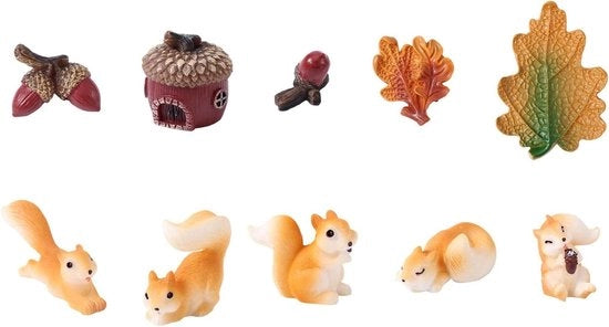 Decorazioni di miniatura di scoiattolo e mele di abete - Set da 10 pezzi per giardino fatato