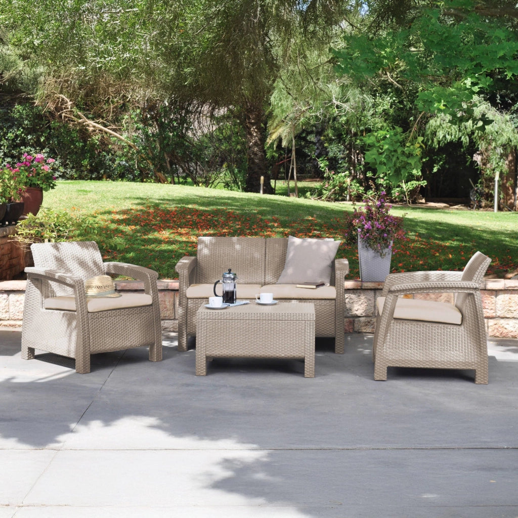 Set salotto da esterno Nelson, Salottino outdoor, Set da balcone o giardino, Composizione soggiorno per esterni, 128x70 h79 cm, Beige