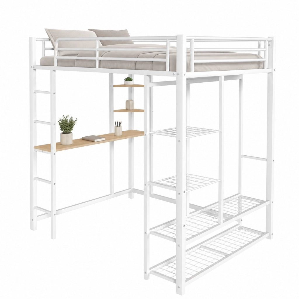 Letto a soppalco 140x200 cm in metallo con scrivania; appendiabiti e ripiani bianco