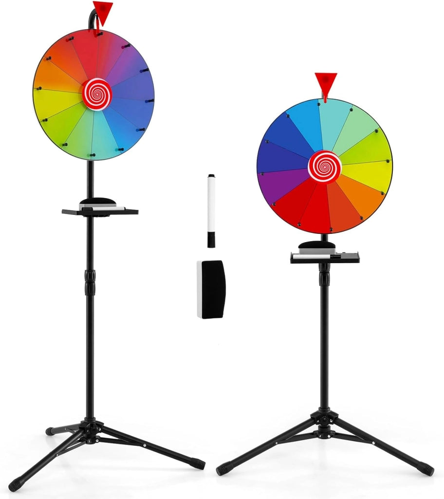 Ruota della Fortuna 40 CM con Supporto Tripode Pieghevole, Gioco Ruota con Altezza Regolabile e Vassoio, Pennarello e Gomma per Lavagna, Ruota Premio con 12 Slot per Festa