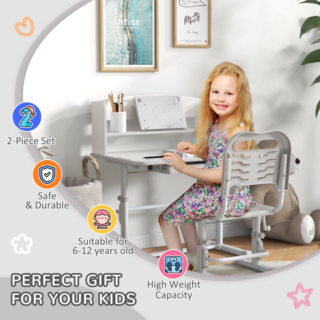 EasyComfort Set Scrivania per Bambini con Sedia Regolabile in Altezza e Piano Inclinabile, Età 6-12 Anni, Grigio