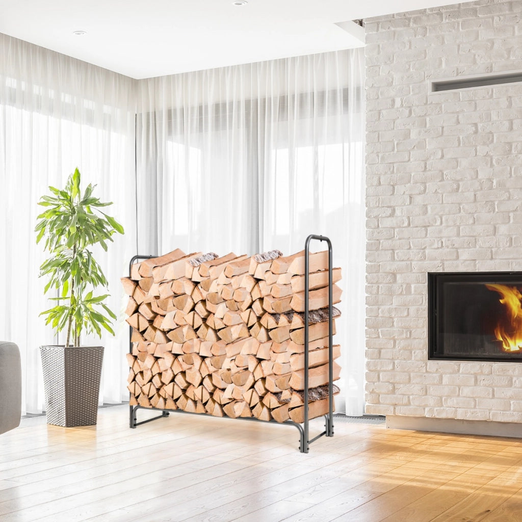 Porta legna con copertura impermeabile e struttura in ferro pesante per camino, Mensola portalegna Nero 153cm-Accessori caminetti e stufe a legna