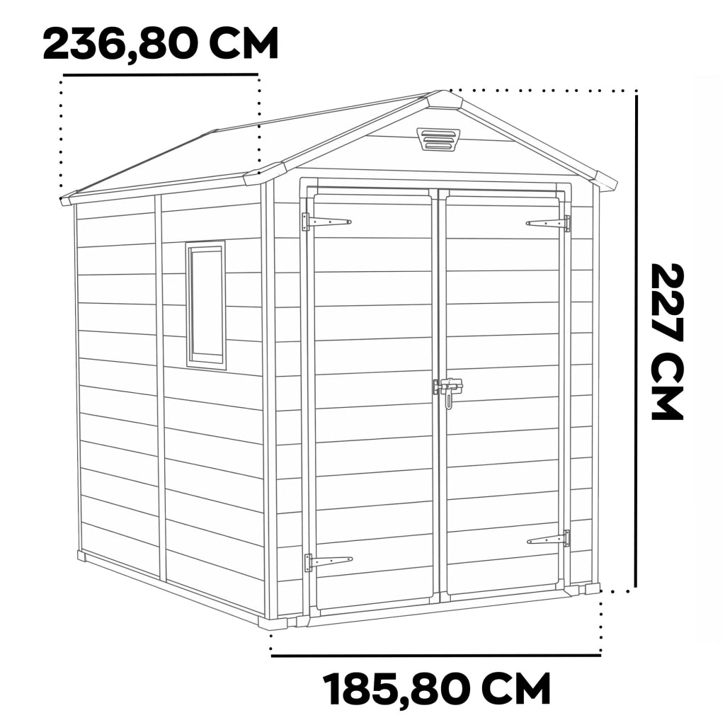 Manor 6x8 - Casetta da Giardino 185,80x227x236,80 cm 2 Ante per deposito attrezzi finitura effetto legno graffiato in Resina Grigio