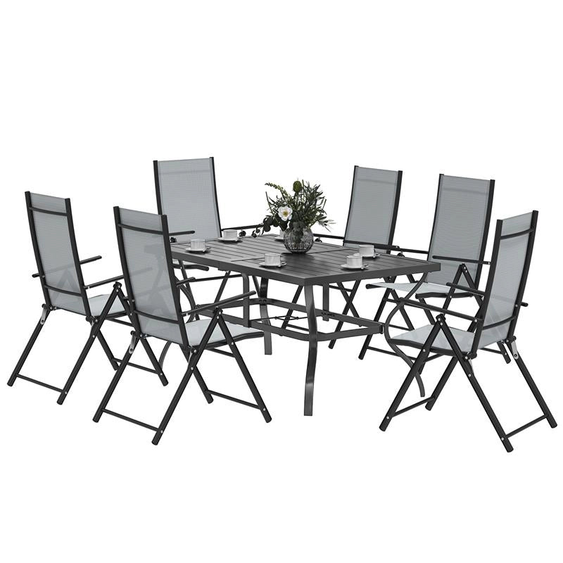 SET DA GIARDINO 7 PEZZI CON TAVOLO DA PRANZO CON FORO PER OMBRELLONE E 6 SEDIE PIEGHEVOLI GRIGIO