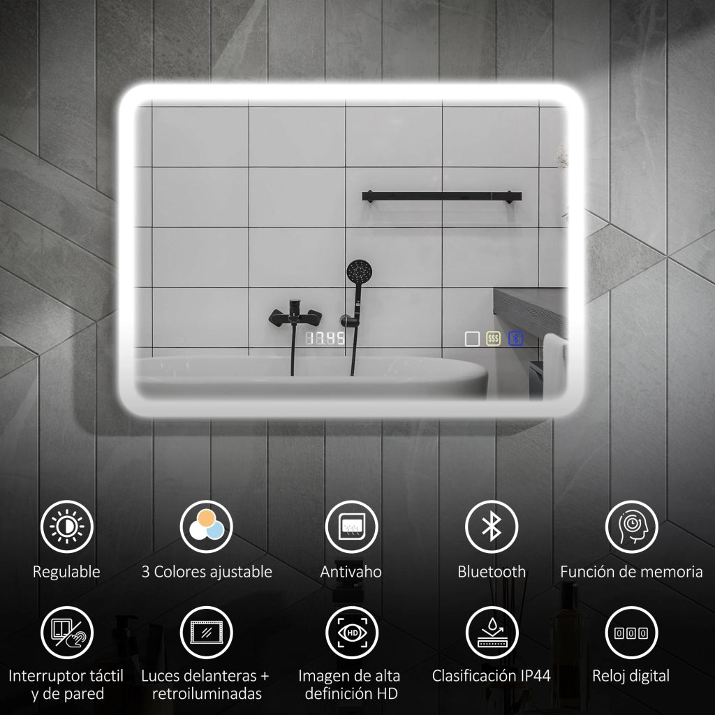 Specchio da Bagno con LED e Bluetooth ¨C zephmum ¨C 70x50 cm, Bianco, 3 Colori, Antivaho