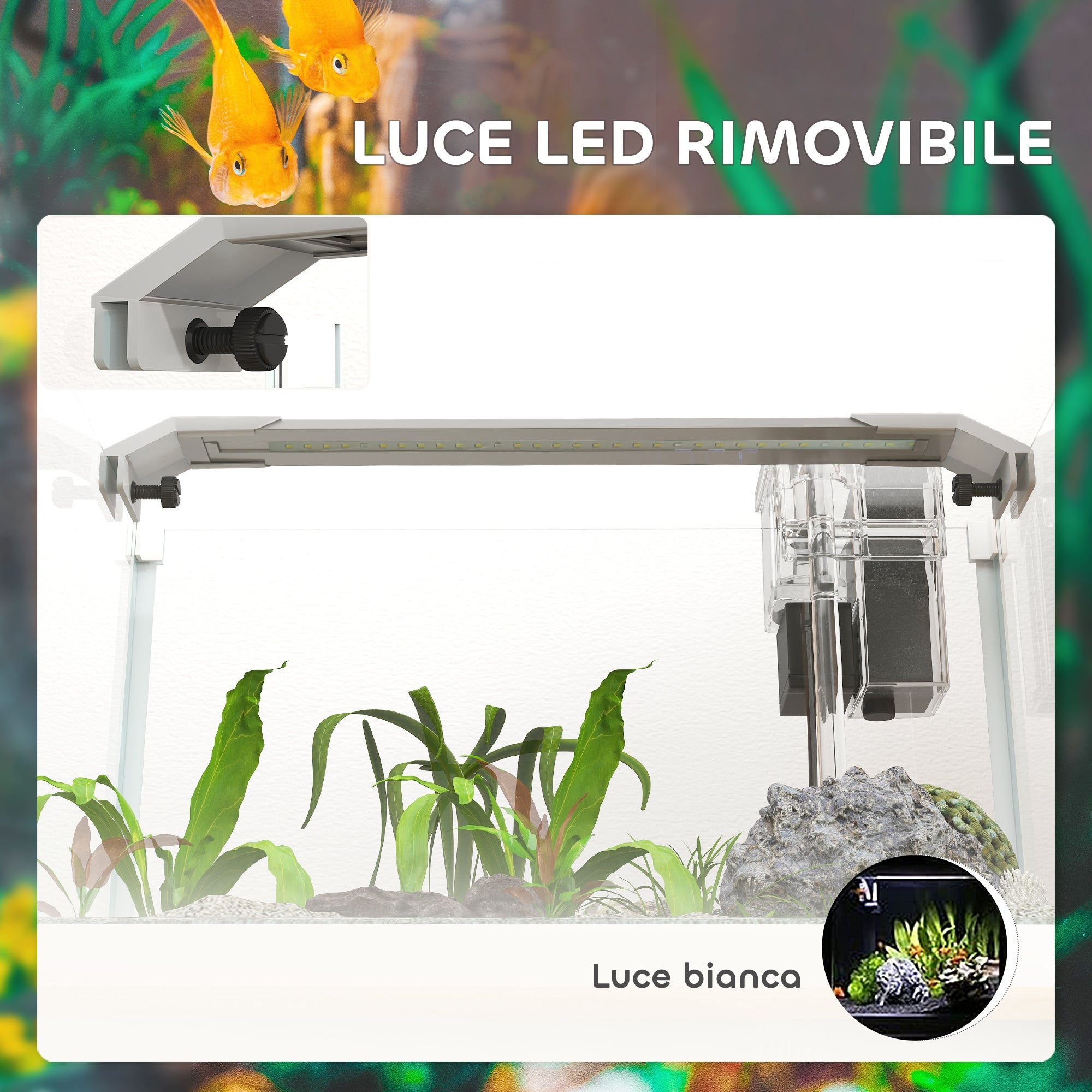Acquario in Vetro con Luci LED da 20L 38x26x27 cm Filtro e Pompa d'Acqua Bianco