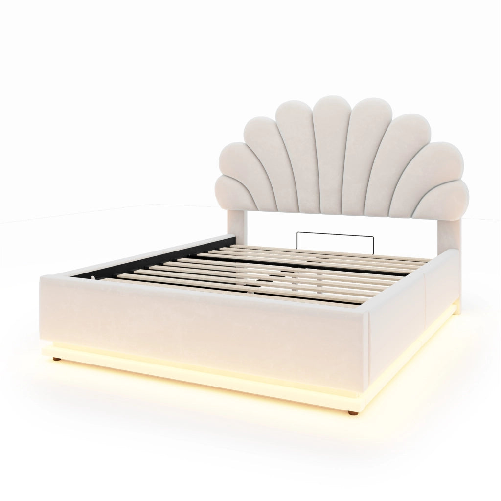 Letto contenitore matrimoniale 140×200 cm con testiera a fiore; LED; senza materasso; velluto; beige