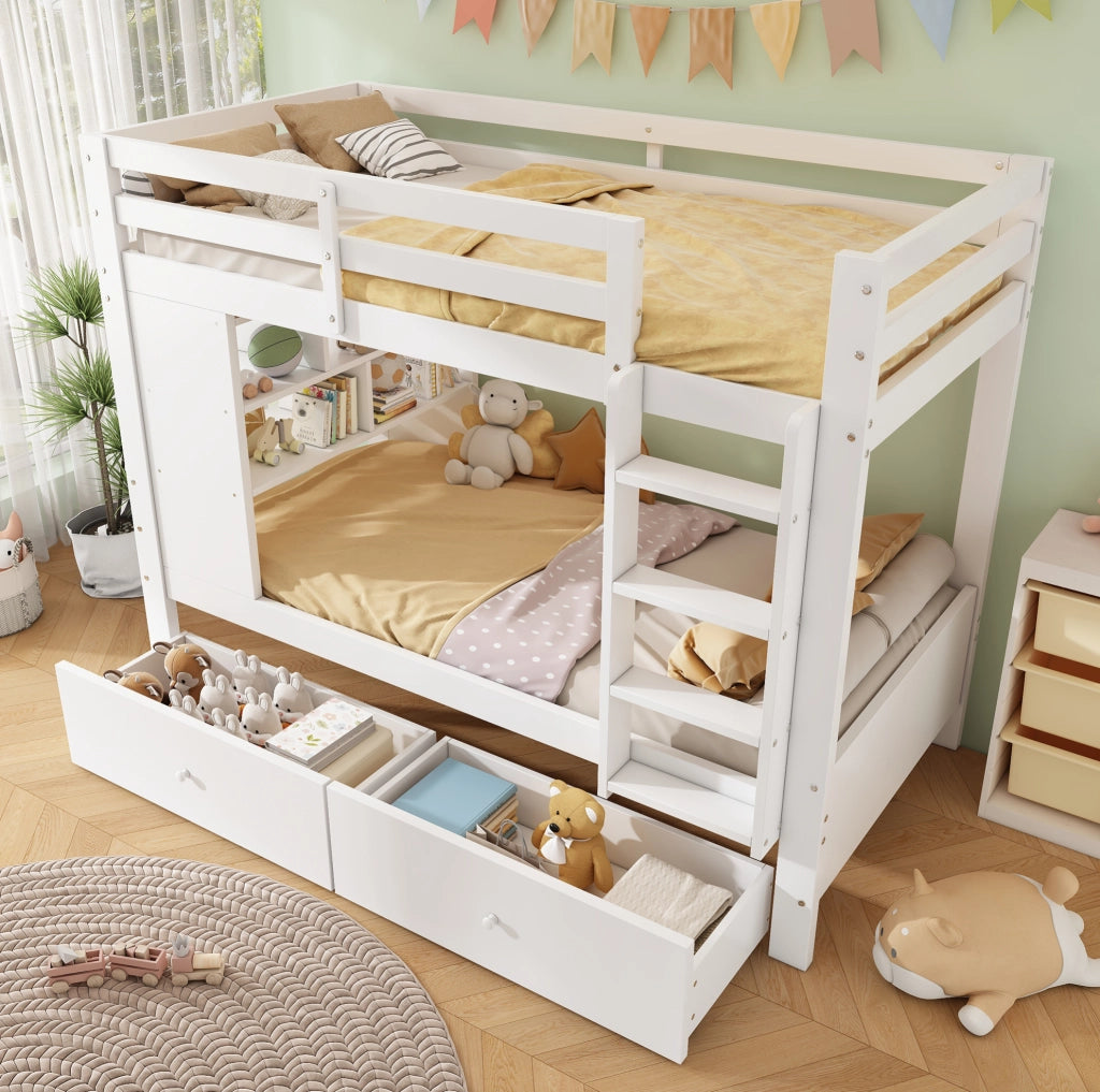 Letto a castello bianco 90x200 cm in legno con cassetti e ripiano