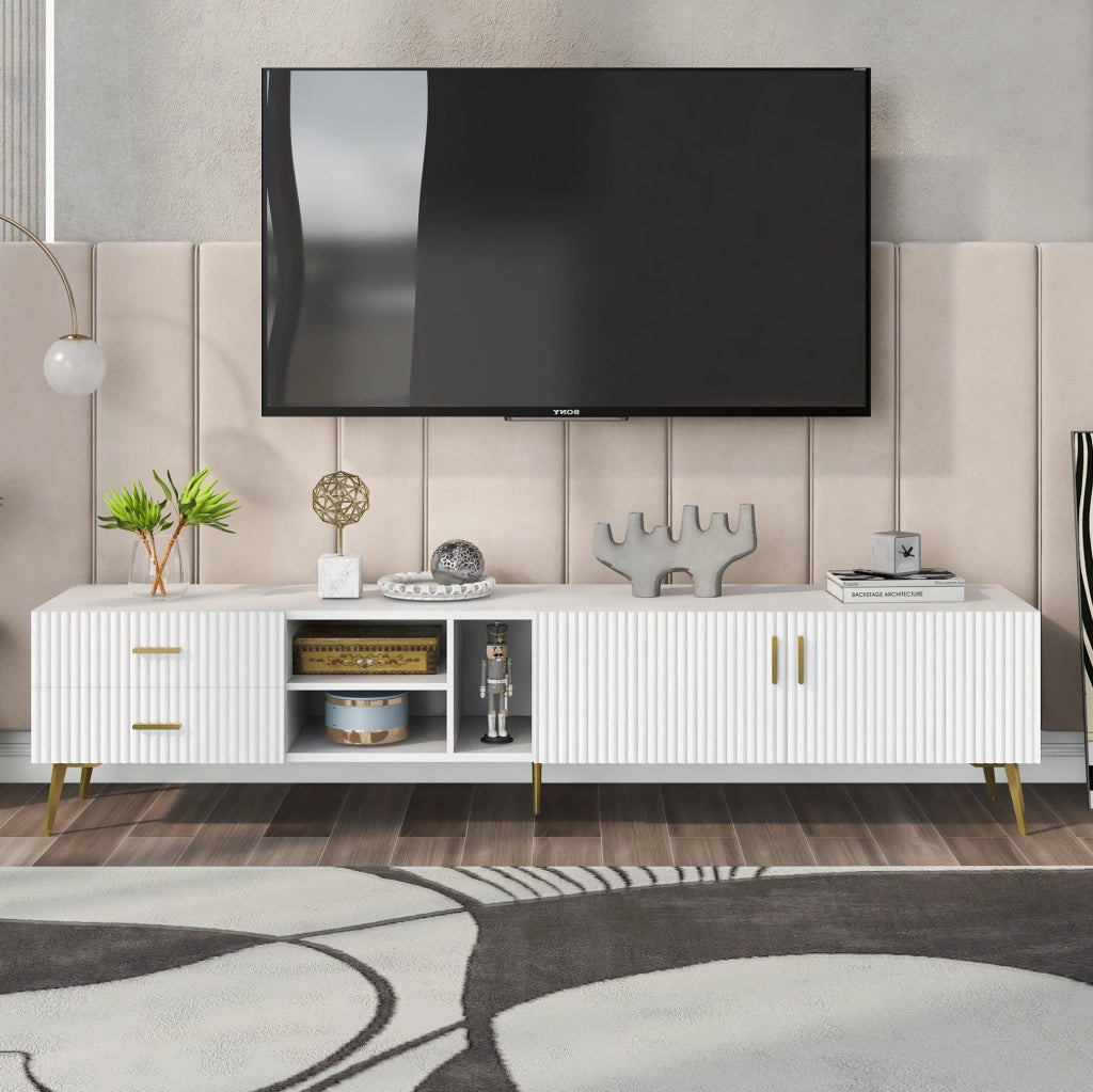 Mobile TV bianco in MDF 180 cm, 2 cassetti e 2 ante