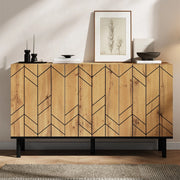 Credenza, mobile a tre ante, pannelli in truciolato, gambe di sostegno in metallo, colore legno naturale