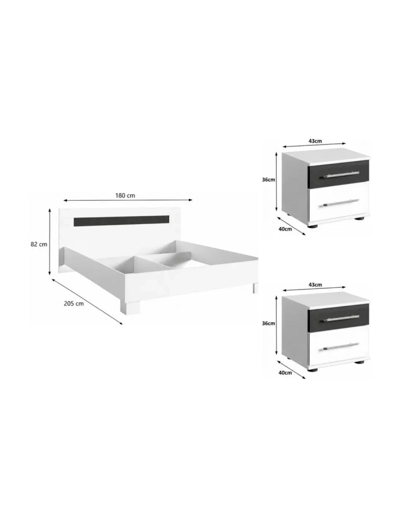 Set letto matrimoniale DUBLIN 160x200cm con doghe e 2 comodini – Bianco e nero lucido