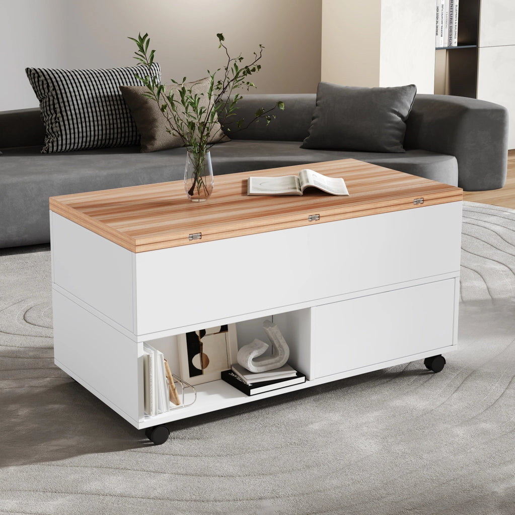 Tavolino da caffè 100x50x52 cm con piano sollevabile; 4 cassetti; ruote; truciolare bianco e naturale