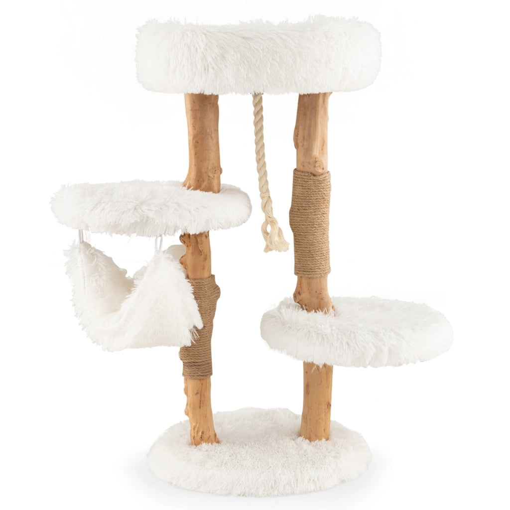 Albero tiragraffi per gatti in legno con pali di corda di iuta, Mobile per gatti con piattaforma e amaca Bianco-Alberi Tiragraffi