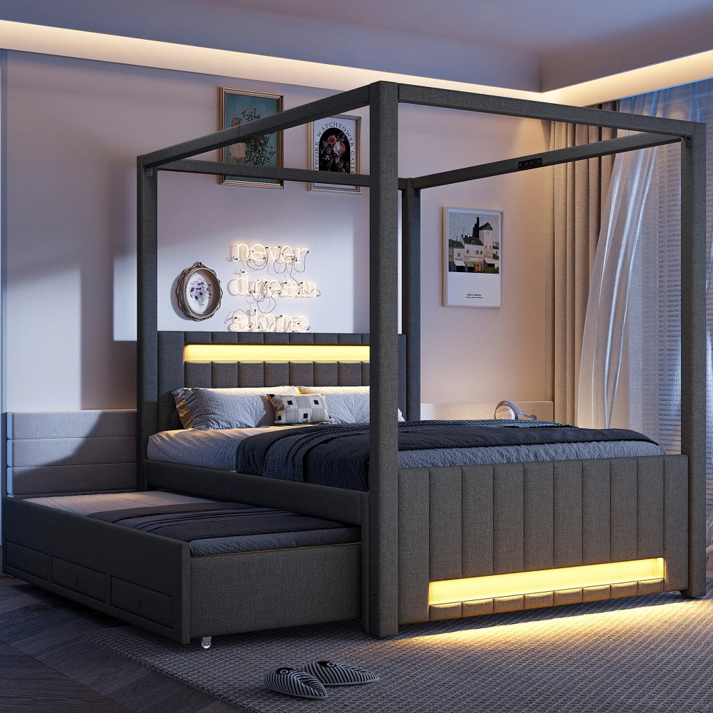 Letto a baldacchino imbottito 140x200 cm con letto estraibile e LED
