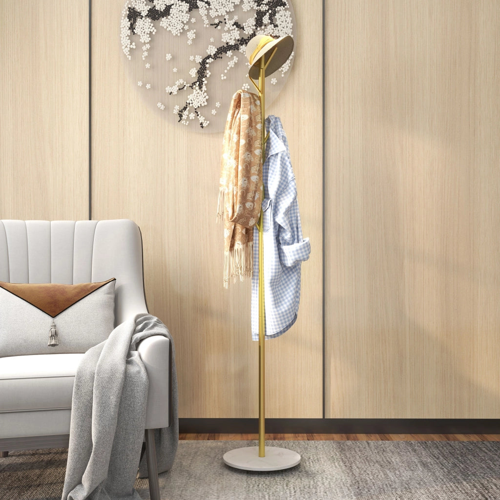 Appendiabiti da Terra Autoportante con 8 Ganci, Base in Marmo e Acciaio, ?32x164cm, Oro