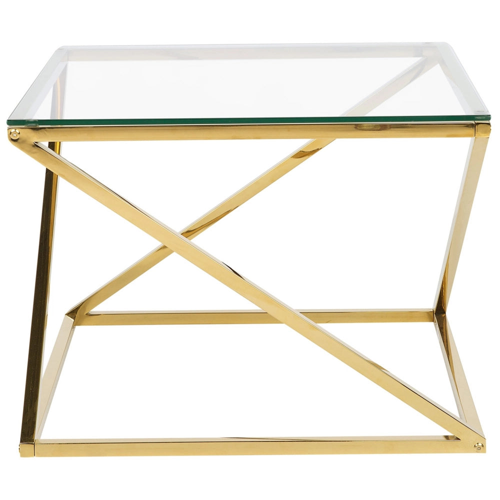 Tavolino da caffè con struttura in acciaio dorato e piano quadrato in vetro dal design glam geometrico