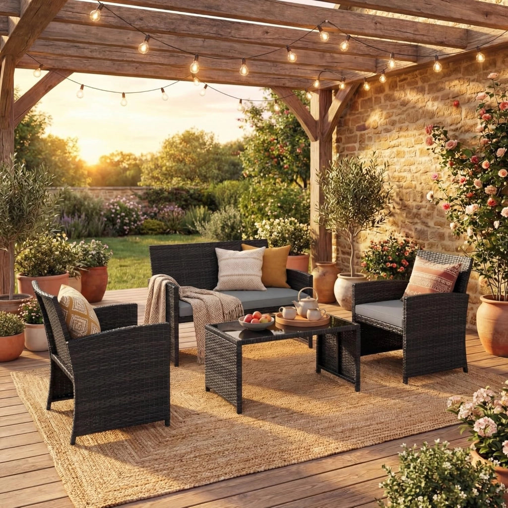 Set Mobili da Giardino in Rattan PE, Divano a 2 Posti e 2 Poltrone con Cuscini Comfort, Tavolino con Piano in Vetro, Arredo da Esterno per 4 Persone per Patio, Balcone, Cortile (Nero+Grigio)