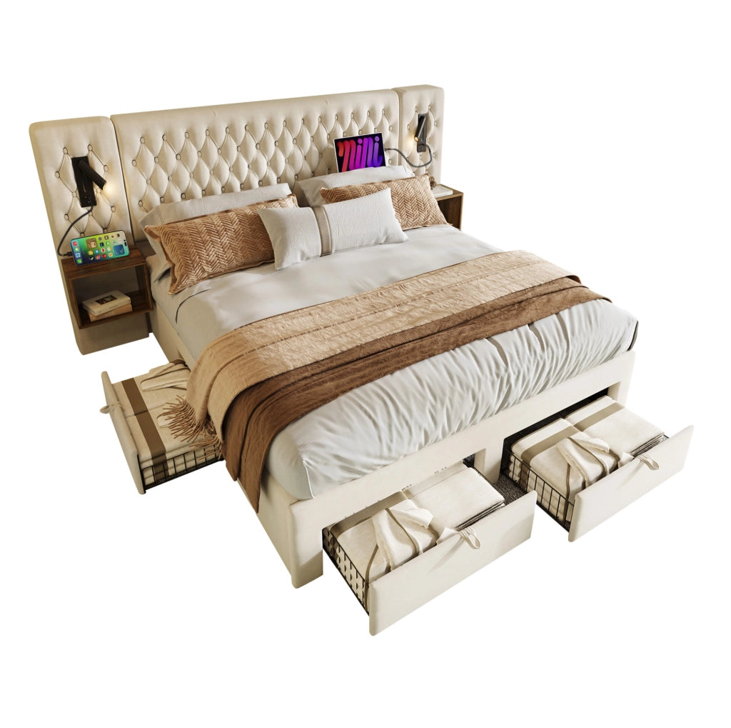 Letto matrimoniale 160x200 cm con 2 comodini; 4 cassetti; lampade da lettura e USB C; velluto beige