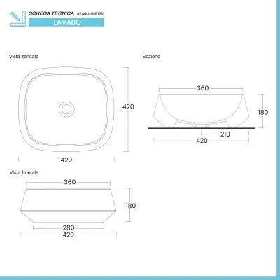 Lavabo da appoggio in ceramica bianco lucido quadrato 42 cm  Aris