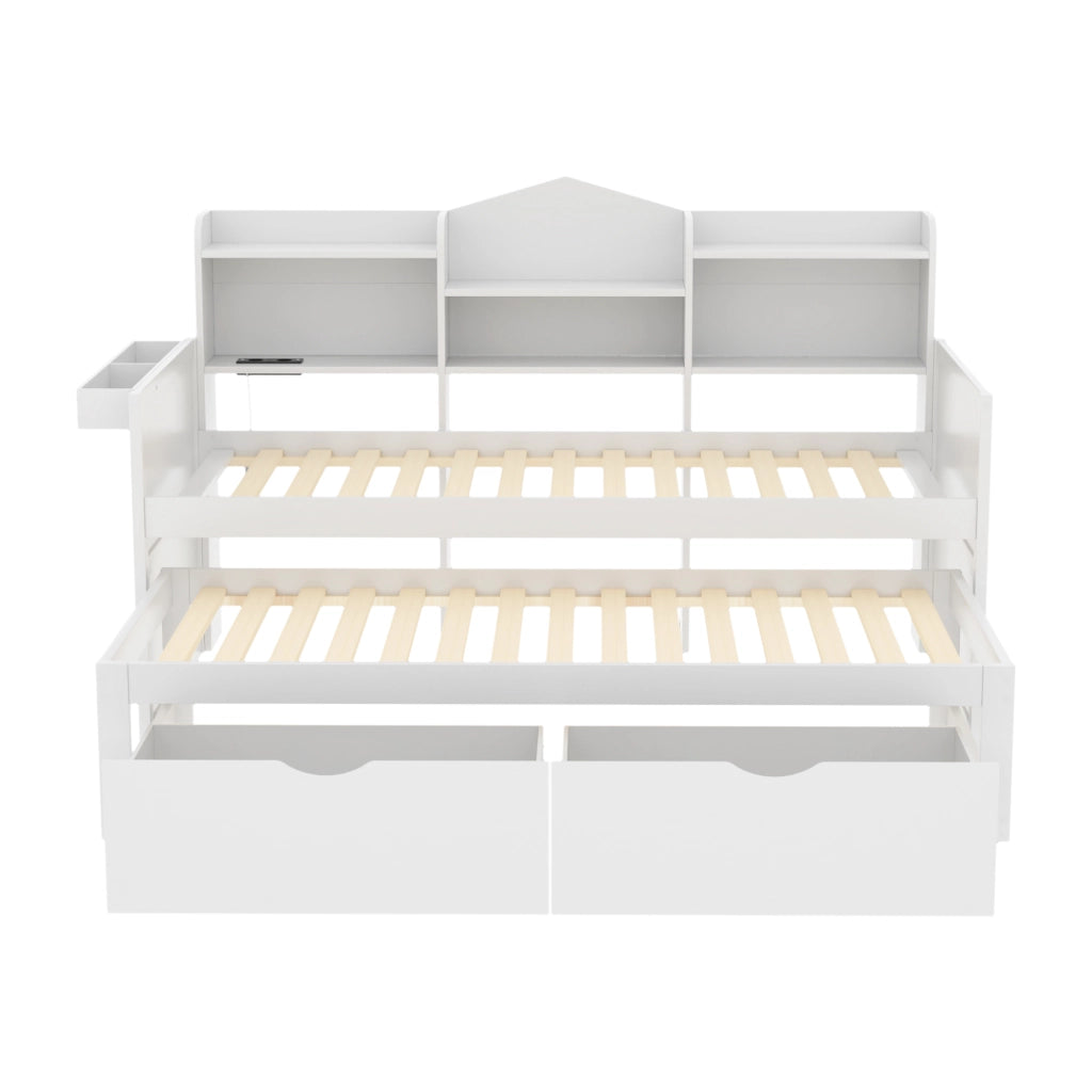 Letto estraibile singolo 90×200 cm con 2 cassetti; vano portaoggetti; USB; senza materasso; bianco